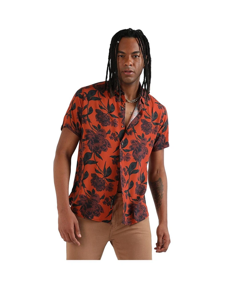 Campus Sutra Men's EcoLiva Burnt Orange Floral Bloom Shirt