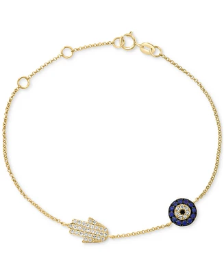 Effy Sapphire (1/8 ct. t.w.) & Black and White Diamond (1/5 ct. t.w.) Hamsa Hand & Evil Eye Link Bracelet in 14k Gold