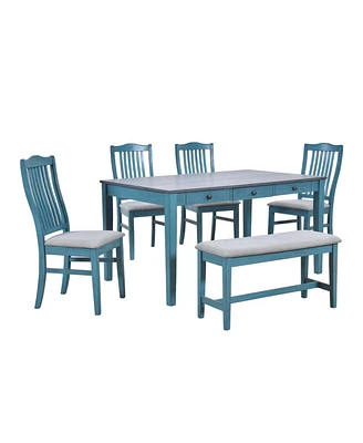 Simplie Fun Mid-Century 6-Piece Wood Dining Table Set, Kitchen Table Set with Drawer, Upholstered 4 Chairs and Bench, Antique Blue