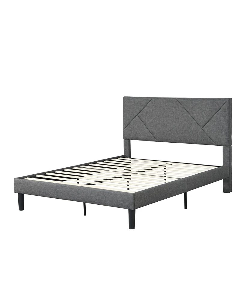 Simplie Fun Upholstered Platform Bed, Queen, Gray, Wood Slat Support