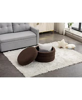 Simplie Fun Boucle Fabric Storage Round Ottoman Footstool With Wooden Shelving