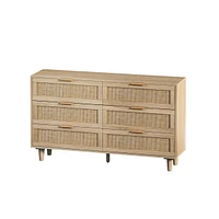 51.18" 6-Drawers Rattan Storage Cabinet Rattan Drawer, For Bedroom, Living Room, Natural