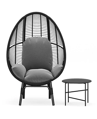 Simplie Fun Patio Pe Wicker Egg Chair Model With Black Color Rattan Grey Cushion And Side Table