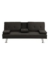 Simplie Fun Sofa Bed With Armrest Two Holders Wood Frame, Stainless Leg, Futon Brown Pvc, Dark Brown