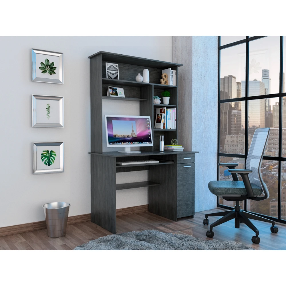 Simplie Fun Compu 180 Hutch Desk, Grey Oak - Smokey Oak with Shelves and Tray