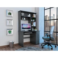 Simplie Fun Compu 180 Hutch Desk, Grey Oak - Smokey Oak with Shelves and Tray