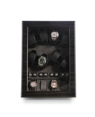 Bey-Berk Ash wood high lacquer eight watch winder and four watch storage case with glass top