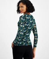 Bar Iii Women's Printed-Mesh Long-Sleeve V-Neck Top, Created for Macy's