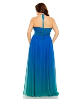 Mac Duggal Women's Plus Size Halter Ruched Ombre Gown