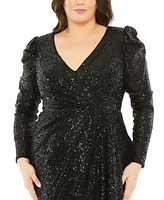 Mac Duggal Women's Plus Princess Long Sleeve V Neck Sequin Dress