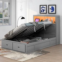 Streamdale Furniture Wood Full Size Hydraulic Platform Bed With Storage Led Headboard, Charging Station And 2 Drawers