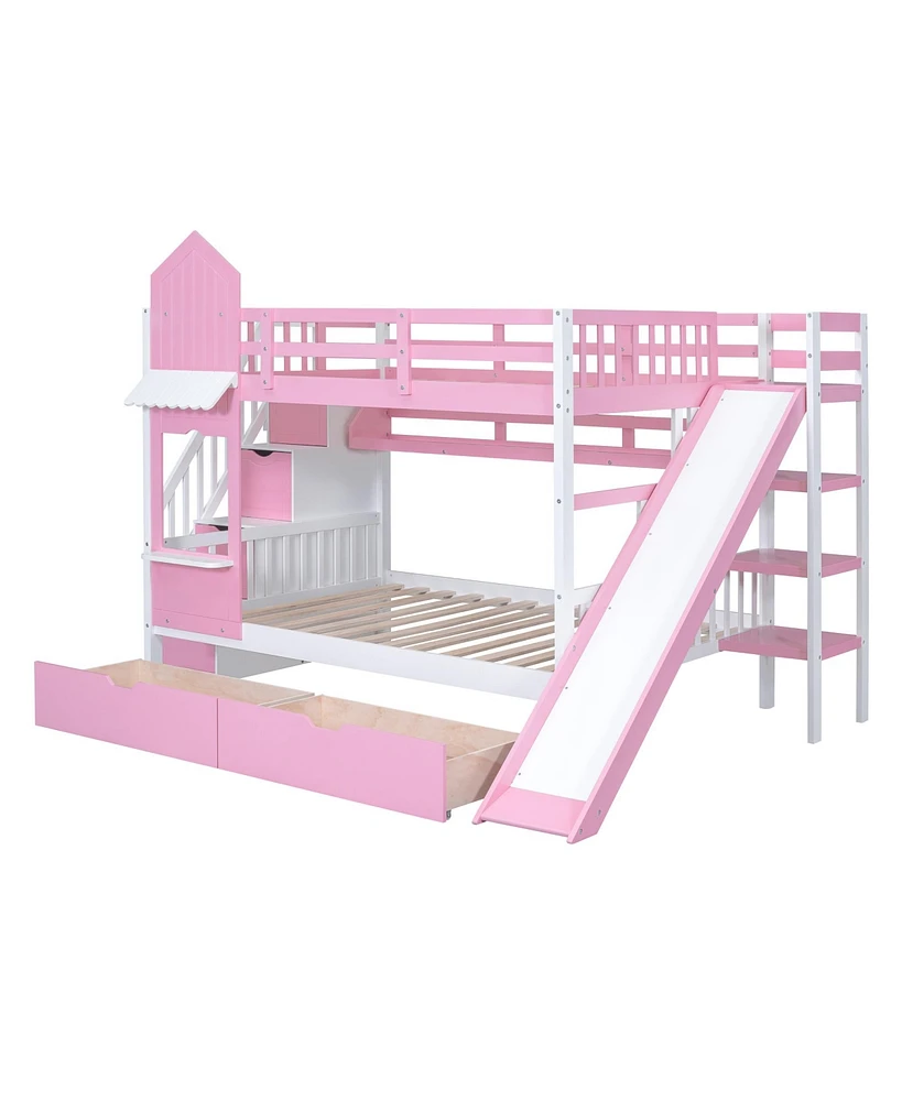 Simplie Fun Full-Over-Full Castle Style Bunk Bed with 2 Drawers 3 Shelves and Slide - White