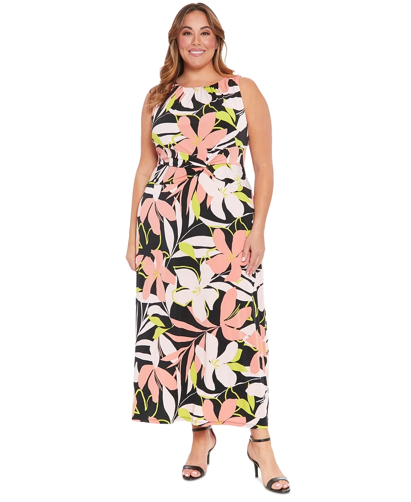 London Times Plus Size Floral-Print Twisted-Waist Maxi Dress