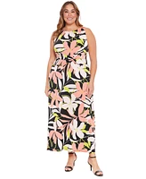 London Times Plus Size Floral-Print Twisted-Waist Maxi Dress