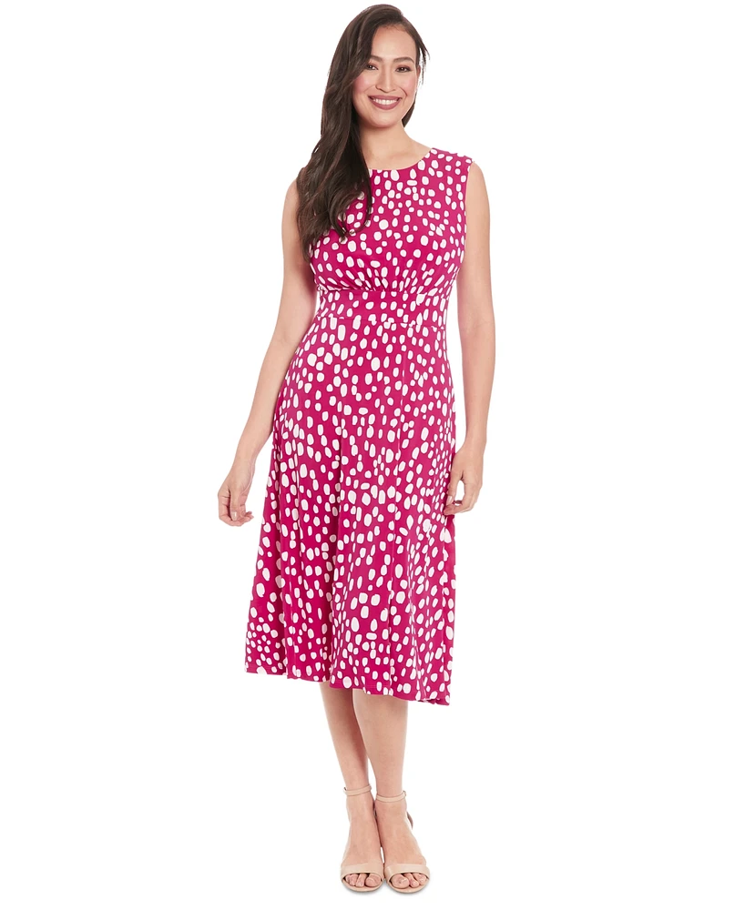 London Times Petite Printed Jewel-Neck Midi Dress