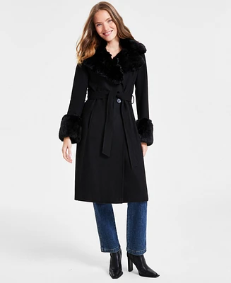 Via Spiga Women's Faux-Fur-Trim Belted Wrap Coat