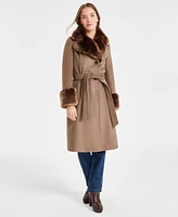 Via Spiga Women's Faux-Fur-Trim Belted Wrap Coat