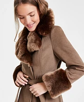 Via Spiga Women's Faux-Fur-Trim Belted Wrap Coat