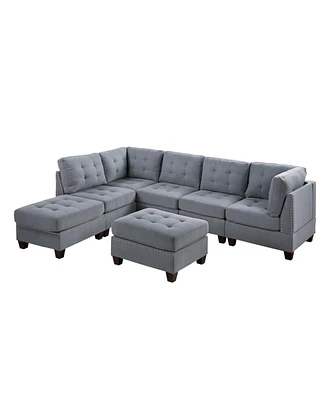 Simplie Fun 7 Piece Gray Linen Modular Sectional Set with Ottomans