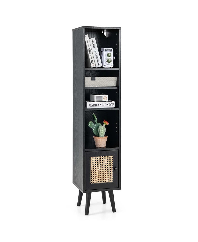 Costway Rattan Storage Cabinet Freestanding Slim Organizer Wood Display Rack Living Room