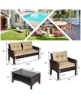 Gymax 4PCS Rattan Wicker Patio Conversation Set Cushioned Outdoor Furniture Set