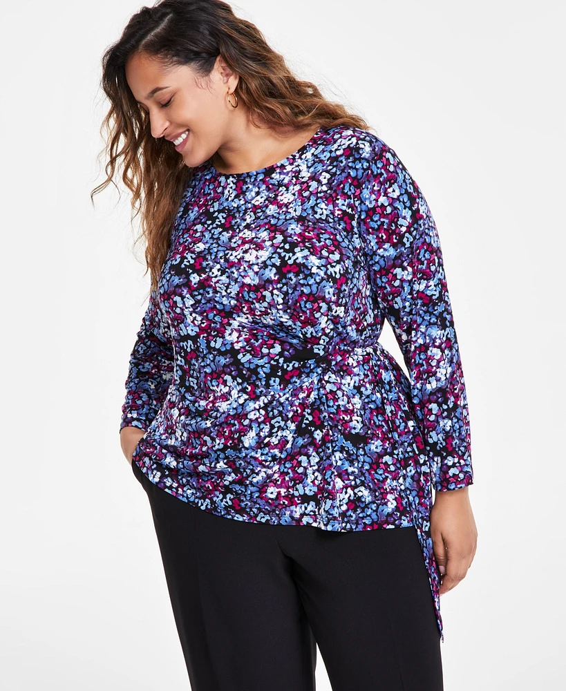 Kasper Plus Printed Long Sleeve Twist-Side Top