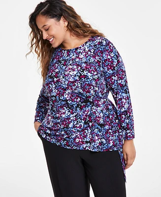 Kasper Plus Printed Long Sleeve Twist-Side Top