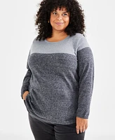 Style & Co Plus Cotton Color-Blocked Curved-Hem Sweater, Created for Macy's