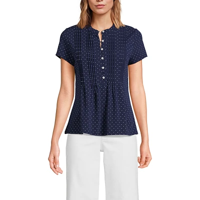 Lands' End Women's Lightweight Jersey Button Pintuck Top