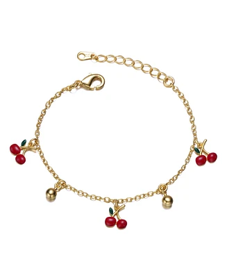 GiGiGirl 14k Yellow Gold Plated Adjustable Bracelet with Red Enamel Cherry Charms for Kids