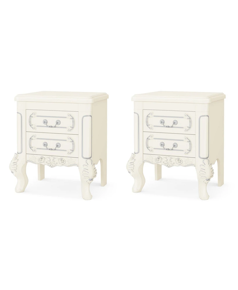 Tribesigns White Nightstand Set of 2, End Table with 2 Drawers, Carved Bedside Tables, Side Table for Bedroom, Living Room, Classic Bedroom Furniture