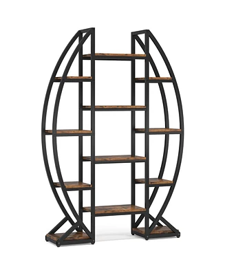 Tribesigns Oval Bookshelf, Triple Wide 5 Tier Etagere Bookcase, Industrial Display Shelves for Living Room (Brown, 55")