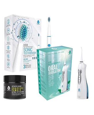 Pursonic Dental Care Power Bundle: Usb Rechargeable Oral Irrigator, Usb Rechargeable Sonic Toothbrush, Activated Coconut Charcoal Powder Natural Teeth