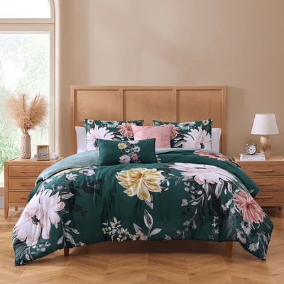 Bebejan Wild Flowers on Teal Bedding 200 Thread Count 100% Cotton Sateen 5 Piece Reversible Queen Size Comforter Set