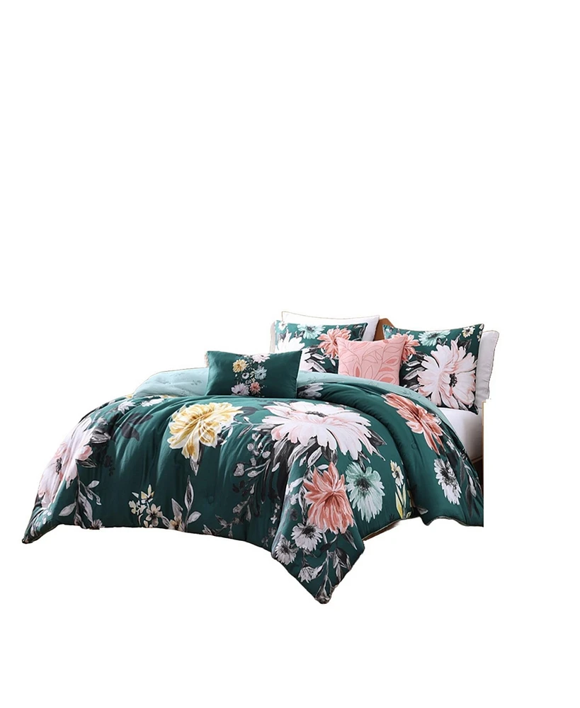 Bebejan Wild Flowers on Teal Bedding 200 Thread Count 100% Cotton Sateen 5 Piece Reversible King Size Comforter Set