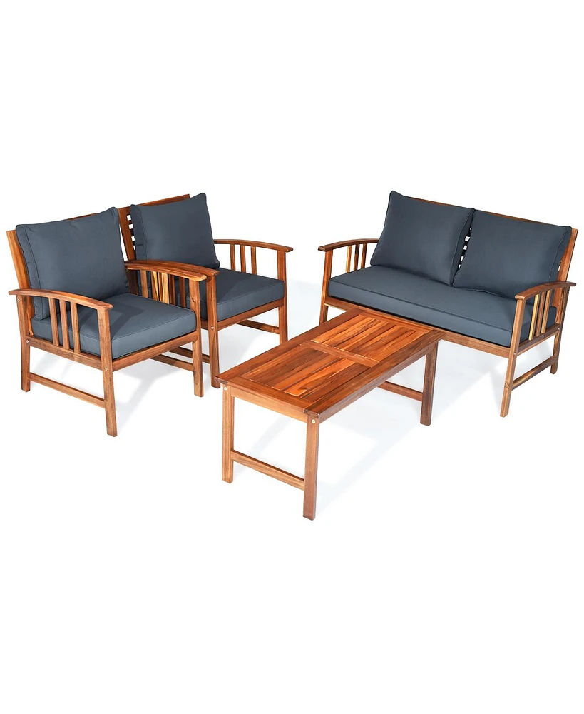 Gymax 4pcs Wooden Patio Furniture Set Table & Sectional Sofa Garden