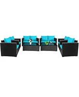Gymax 8PCS Rattan Patio Conversation Set Outdoor Furniture w/ Turquoise Cushions