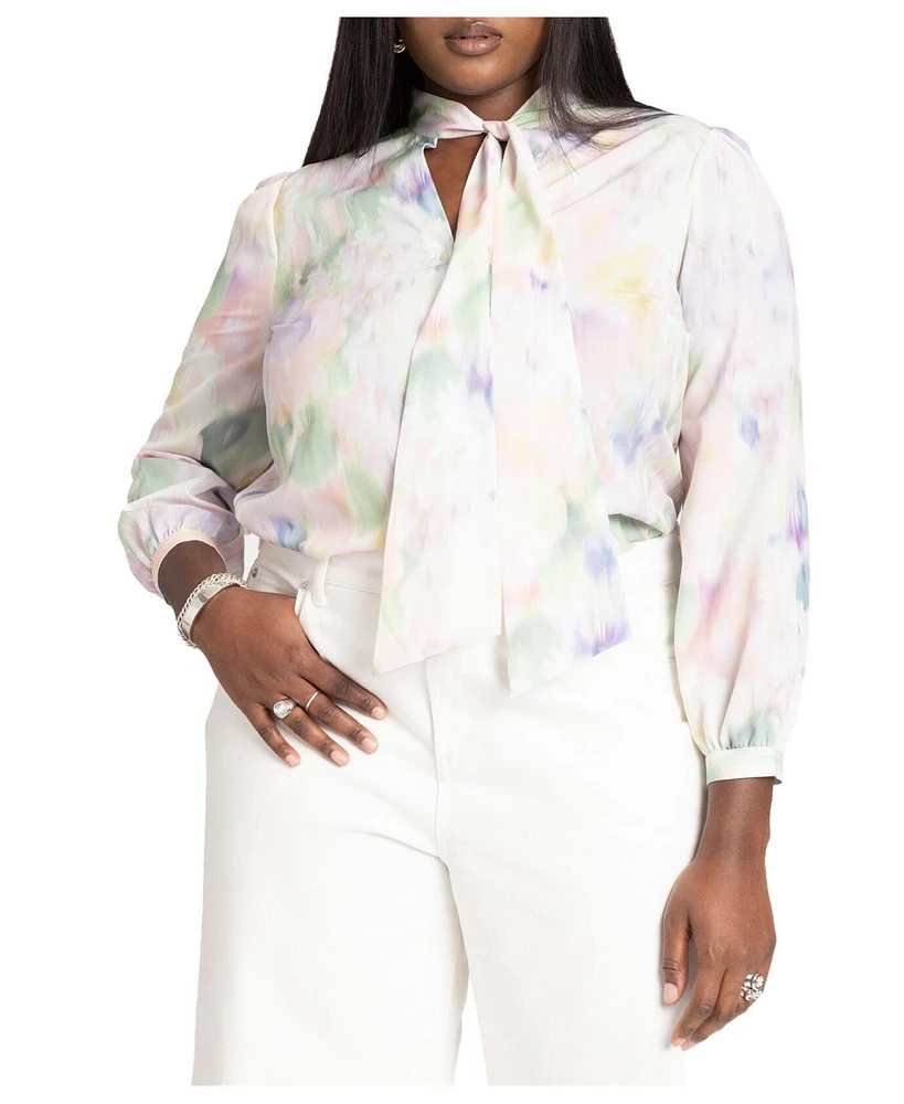 Eloquii Plus Printed Tie Neck Blouse