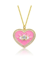 GiGiGirl Kids 14k Yellow Gold Plated with Clear Cubic Zirconia Pink Enamel Heart Evil Eye Pendant Necklace