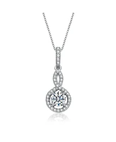 Rachel Glauber White Gold Plated with Double Halo Drop Solitaire Pendant Necklace