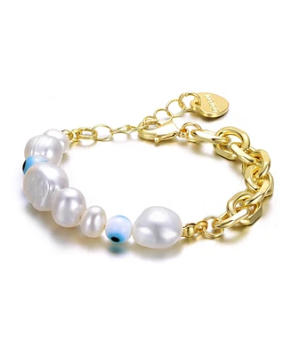 GiGiGirl 14k Yellow Gold Plated Bracelet with Freshwater Pearls, Eye Pattern Beads, and Cable Chain for Kids