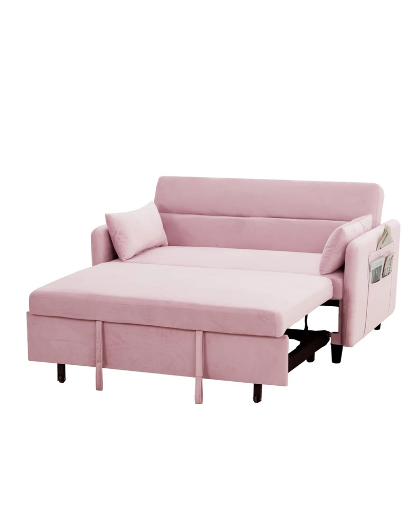 Simplie Fun Sofa Pull-Out Bed Includes Two Pillows 54" Pink Velvet Sofa With Small Space