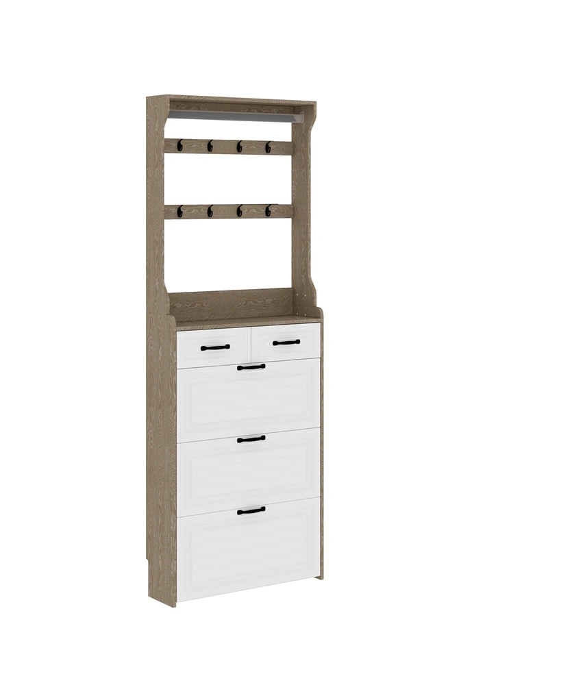 Simplie Fun Oak Shoe Cabinet: 3 Doors, 2 Drawers, Hanger