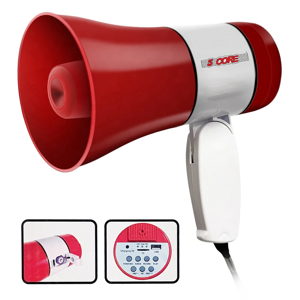 5 Core Megaphone Bullhorn Speaker 30W Mini Bull Horn Rechargeable Cheer Megafono 800 Yards Range Loudspeaker