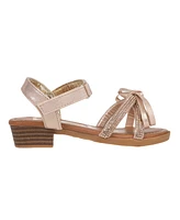 Bebe Big Girl's Stack Heel Sandal with Rhinestone Vamp Straps and Self to Upper Bow Polyurethane Sandals