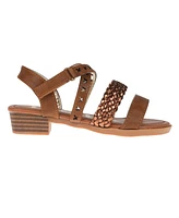 Bebe Big Girl's Stack Heel Sandal with Metallic Weaved Strap and Butterfly Chop Out Polyurethane Sandals