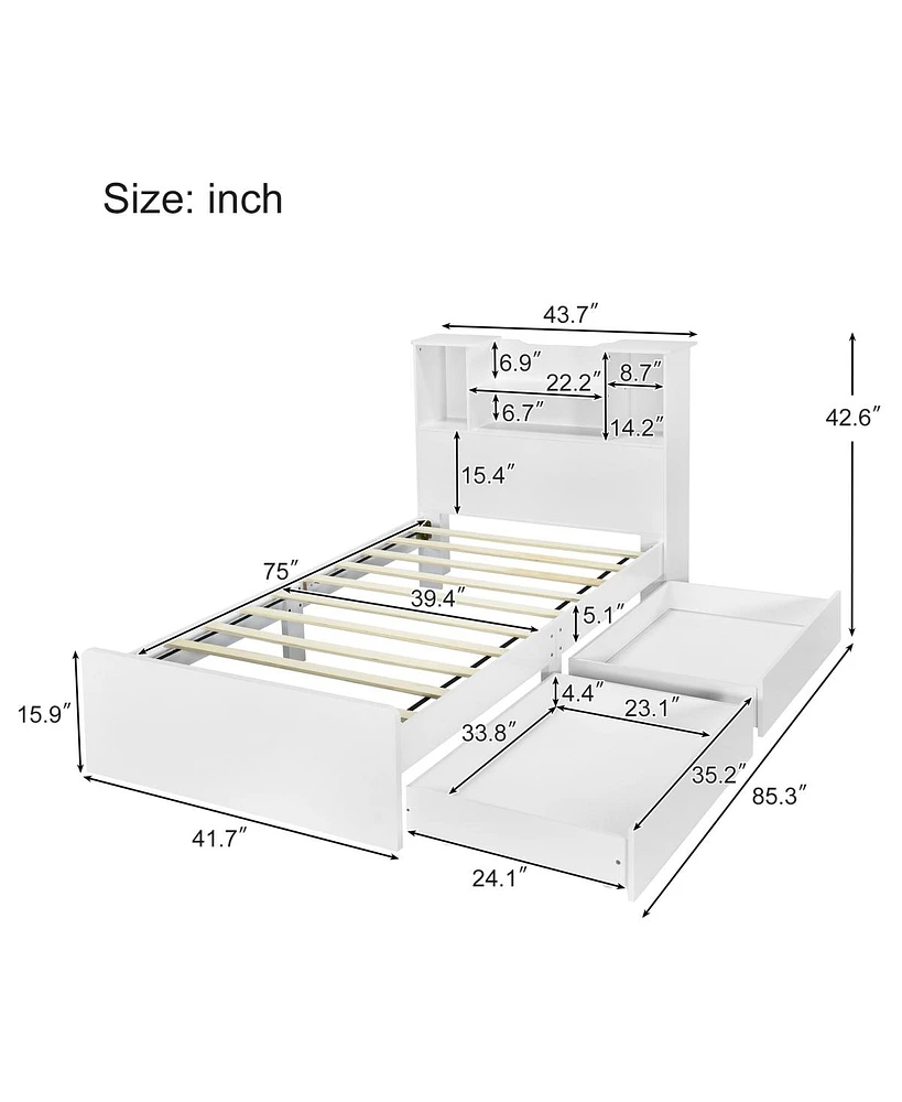 Streamdale Furniture Twin Size Storage Platform Bed Frame With 4 Open Storage Shelves And 2 Storage Drawers, Led Light