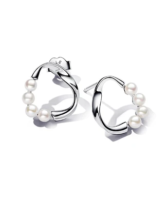 Pandora Silver Shaped Circle Treated Freshwater Cultured Pearls Stud Earrings