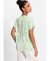 Olsen 100% Cotton Short Sleeve Paisley Print Split Neck T-Shirt