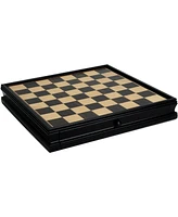 We Games Chinese Qin Chess & Checkers Game Set - Pewter Chessmen & Black Stained Wood Board with Storage Drawers 15 in.